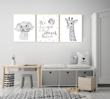 Nursery wall art animals, grey nursery, gender neutral nursery, neutral nursery, baby room decor, elephant, giraffe, gray nursery, quote