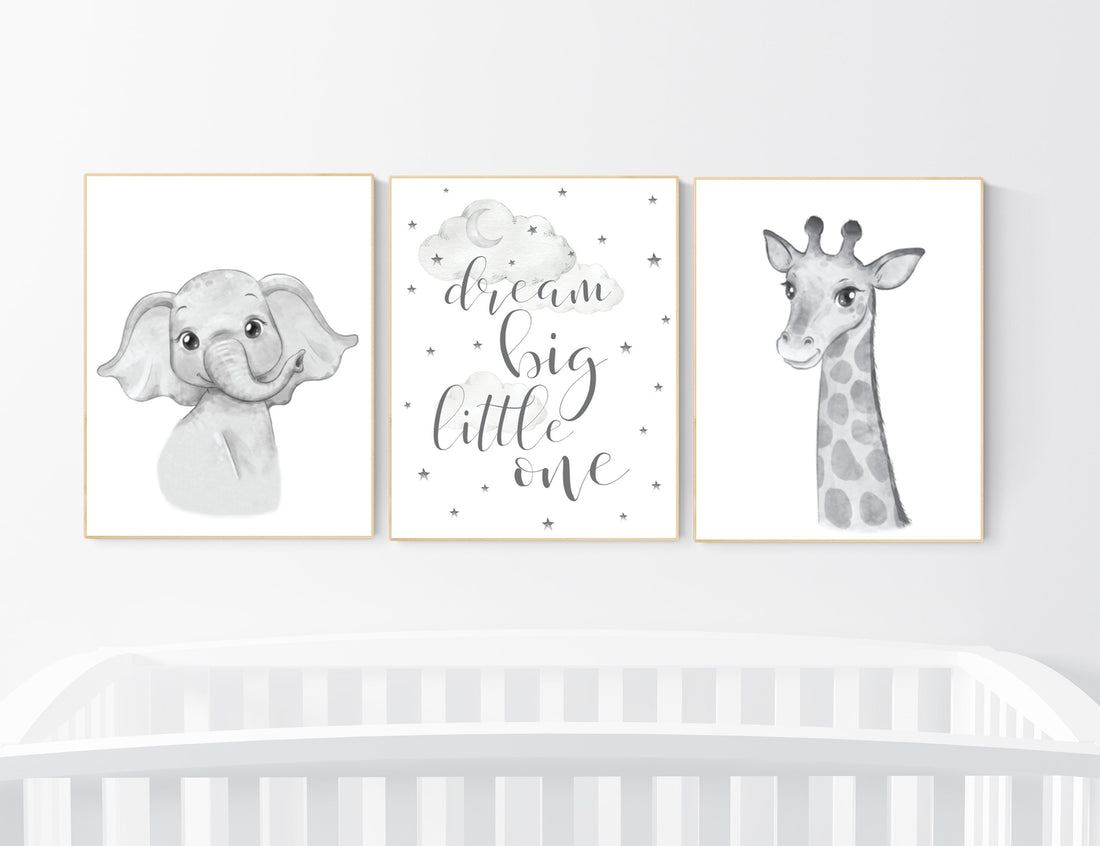 Animal nursery, Elephant and giraffe nursery, Grey nursery wall art,  gender neutral, grey nursery art, dream big little one, gray