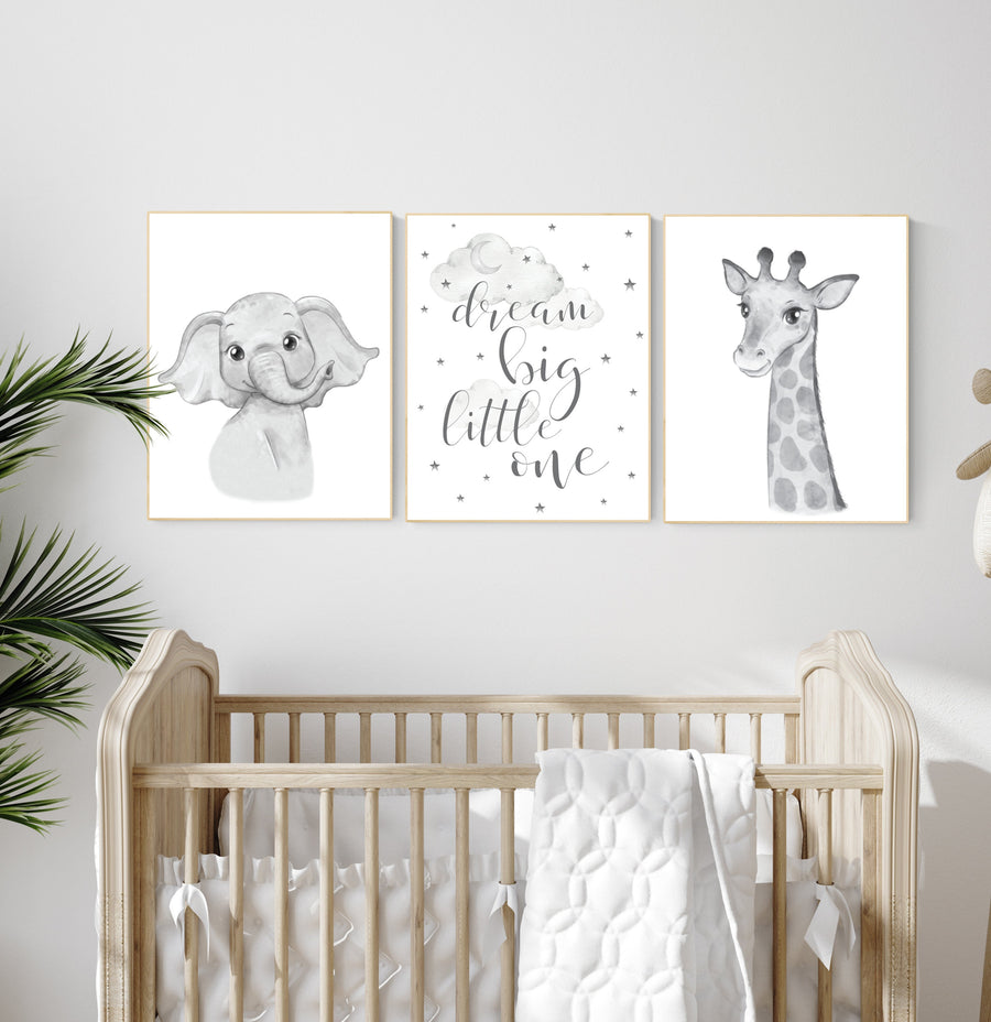 Animal nursery, Elephant and giraffe nursery, Grey nursery wall art,  gender neutral, grey nursery art, dream big little one, gray