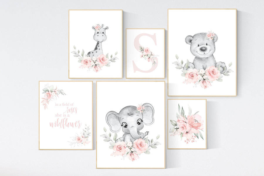 Nursery decor girl boho, blush nursery, safari animals, blush pink, nursery decor girl boho, floral nursery prints, elephant, giraffe, bear