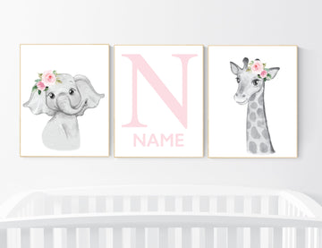 Safari Floral Animals, Nursery Prints, Nursery Decor, Girls Nursery Decor, Safari Nursery, jungle animals, Woodland Prints, set of 3