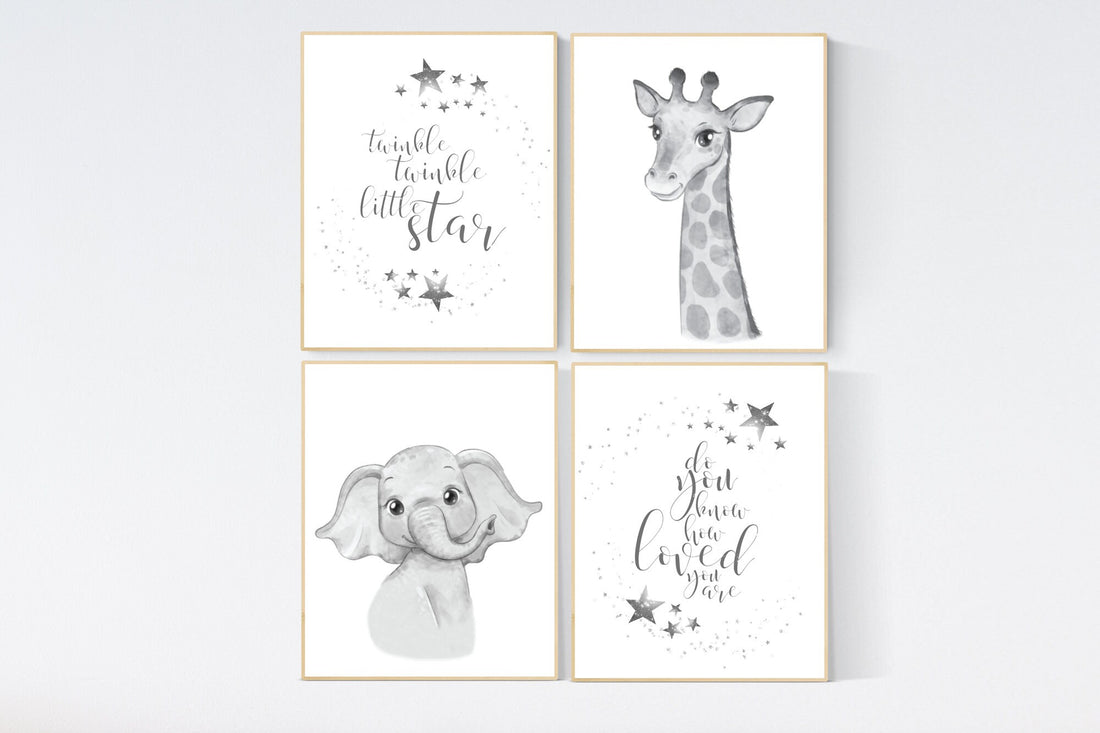 Twinkle twinkle little star, safari animals, Nursery decor neutral, grey nursery, gender neutral, gray nursery, elephant nursery, giraffe