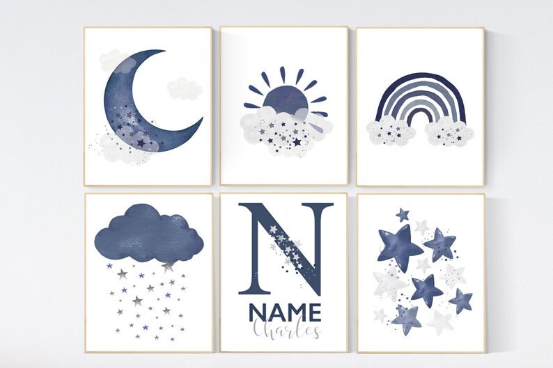 You are my sunshine, navy nursery wall art, rainbow nursery, nursery wall art boy, navy Blue, moon, stars, navy nursery, boy nursery decor