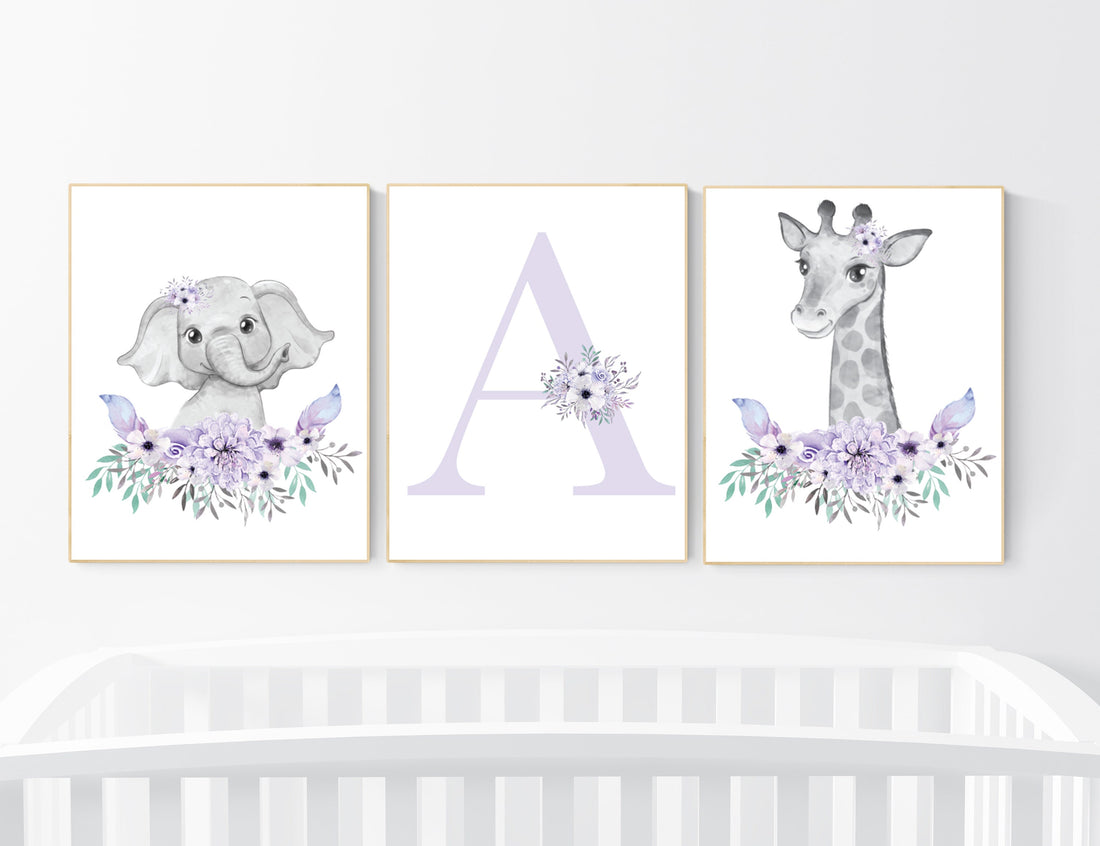 Nursery decor girl boho, Purple nursery, nursery wall art elephant, nursery decor girl, nursery decor girl floral, lilac nursery, lavender