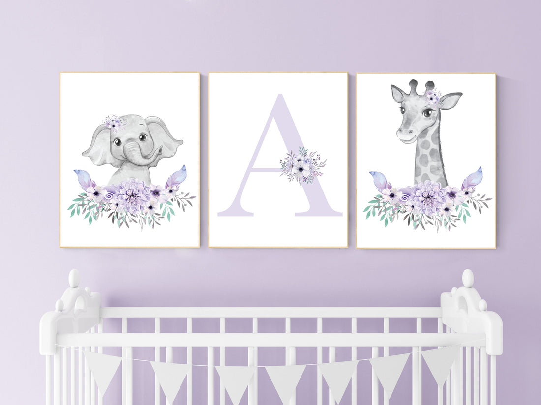 Nursery decor girl boho, Purple nursery, nursery wall art elephant, nursery decor girl, nursery decor girl floral, lilac nursery, lavender