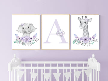 Nursery decor girl boho, Purple nursery, nursery wall art elephant, nursery decor girl, nursery decor girl floral, lilac nursery, lavender