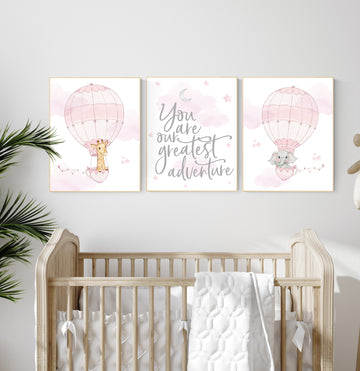 Nursery decor girl, Hot air balloon nursery, you are our greatest adventure, nursery prints girl, animal nursery, pink nursery wall art