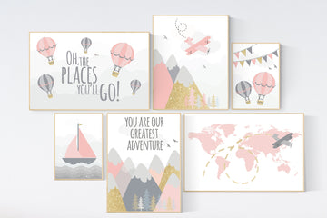 Adventure nursery wall art set, nursery decor girl, travel theme nursery, blush pink, adventure awaits, world map, baby nursery decor
