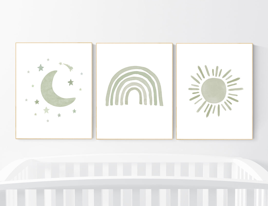 Nursery prints rainbow, gender neutral, sage green nursery wall decor, rainbow, moon, nursery wall art, nursery decor neutral, green nursery