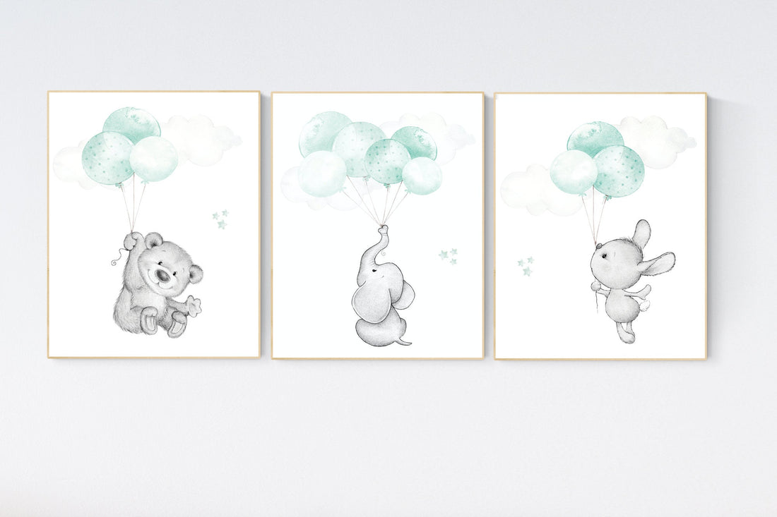 Mint nursery wall art, gender neutral, elephant nursery wall art, animal prints, bear nursery, rabbit nursery, mint green, twin nursery
