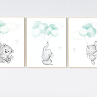 Mint nursery wall art, gender neutral, elephant nursery wall art, animal prints, bear nursery, rabbit nursery, mint green, twin nursery