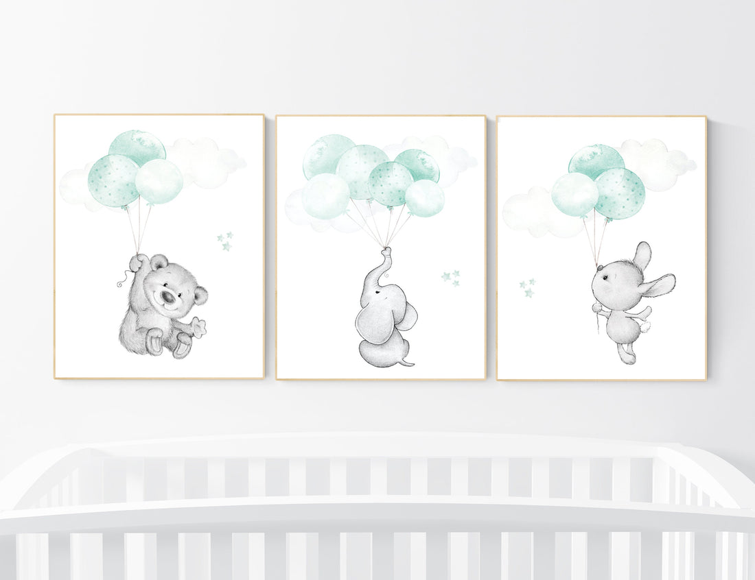 Mint nursery wall art, gender neutral, elephant nursery wall art, animal prints, bear nursery, rabbit nursery, mint green, twin nursery