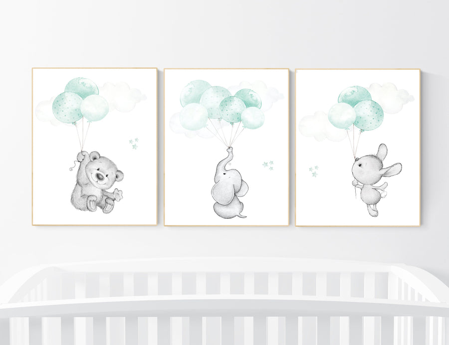 Mint nursery wall art, gender neutral, elephant nursery wall art, animal prints, bear nursery, rabbit nursery, mint green, twin nursery
