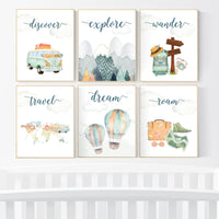 Travel nursery print, Explore nursery wall art, Baby boy nursery, Adventure Set of 6 prints, Camping Prints, Adventure Nursery Decor