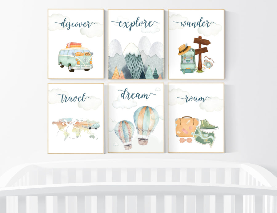 Travel nursery print, Explore nursery wall art, Baby boy nursery, Adventure Set of 6 prints, Camping Prints, Adventure Nursery Decor