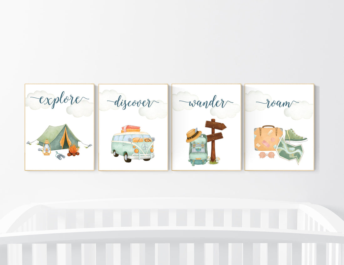 Travel nursery print, Explore nursery wall art, Baby boy nursery, Adventure Set of 6 prints, Camping Prints, Adventure Nursery Decor