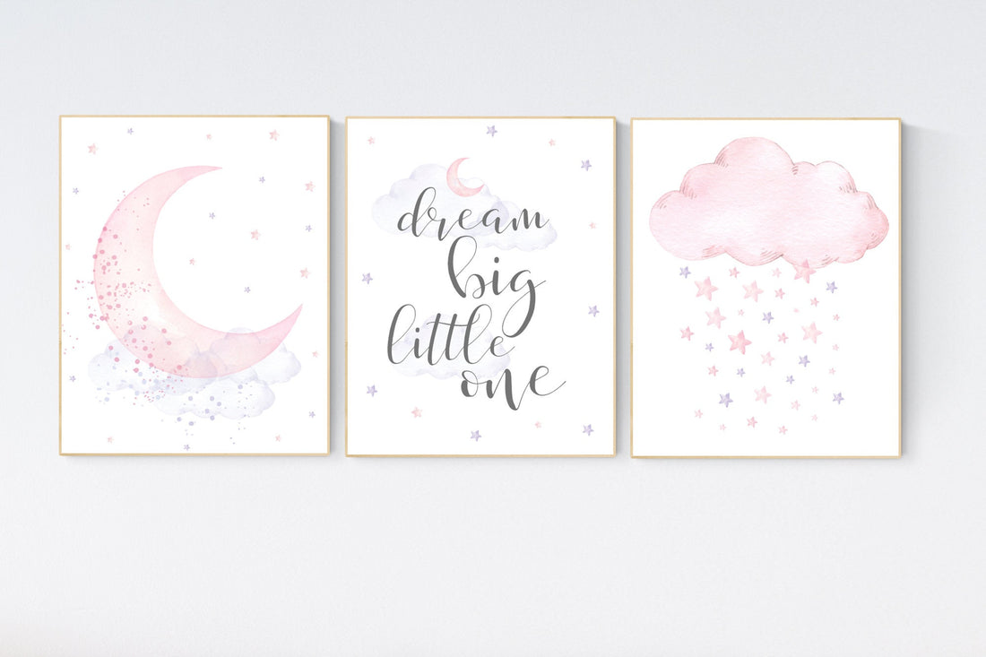 Nursery decor girl, purple and pink, lilac and pink, nursery wall art, baby girl nursery, moon and stars, moon nursery, dream big little one