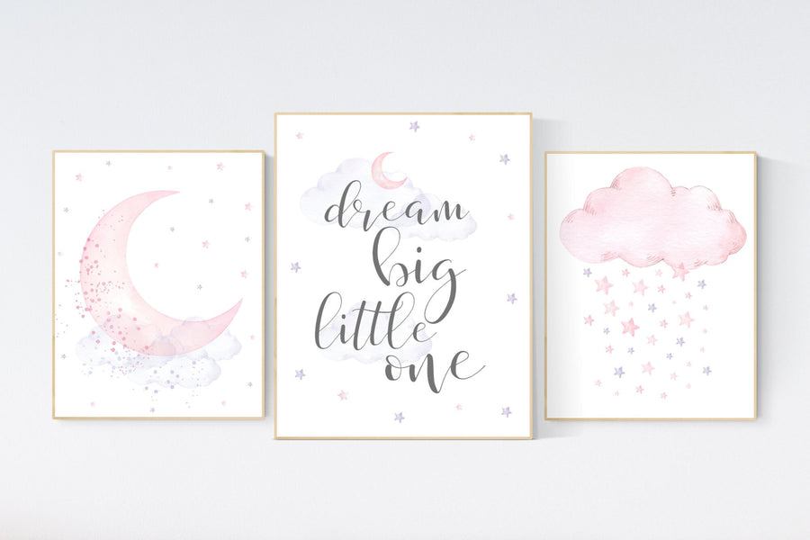 Nursery decor girl, purple and pink, lilac and pink, nursery wall art, baby girl nursery, moon and stars, moon nursery, dream big little one