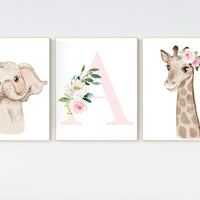 Set of 3 Safari Floral Animals, Nursery Prints, Nursery Decor, Girls Nursery Decor, Safari Nursery, jungle animals, Woodland Prints