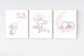Nursery decor girl bunny, elephant nursery, bunny print nursery, bunny print set, pink and gray nursery, rabbit nursery decor, girl nursery