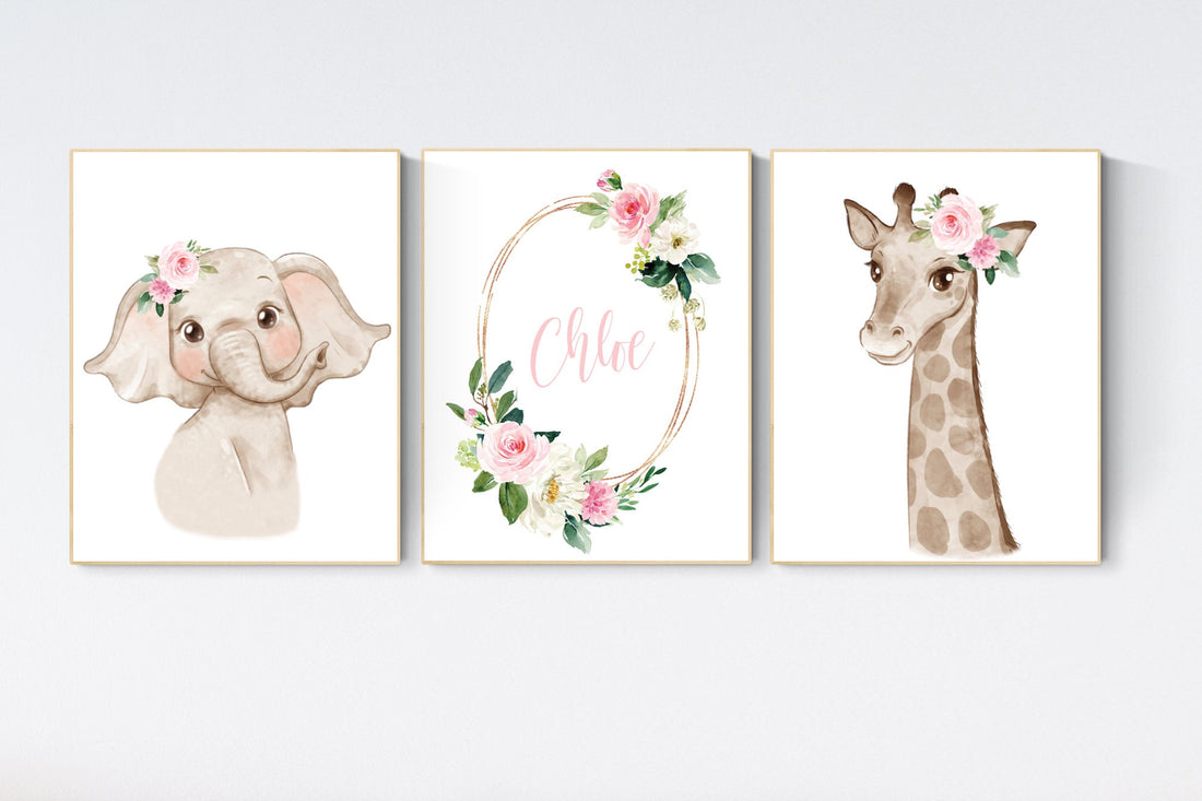 Safari Floral Animals, Nursery Prints, Nursery Decor, Girls Nursery Decor, Safari Nursery, jungle animals, Woodland Prints, set of 3