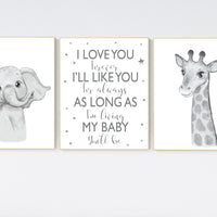 Nursery wall art animals, grey nursery, gender neutral nursery, neutral nursery, baby room decor, elephant, giraffe, gray nursery, quote