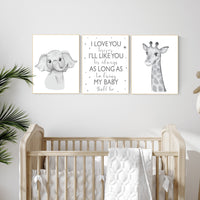 Nursery wall art animals, grey nursery, gender neutral nursery, neutral nursery, baby room decor, elephant, giraffe, gray nursery, quote