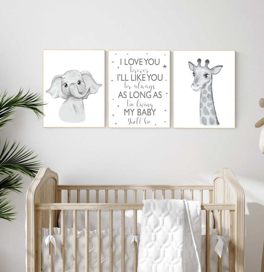 Nursery wall art animals, grey nursery, gender neutral nursery, neutral nursery, baby room decor, elephant, giraffe, gray nursery, quote