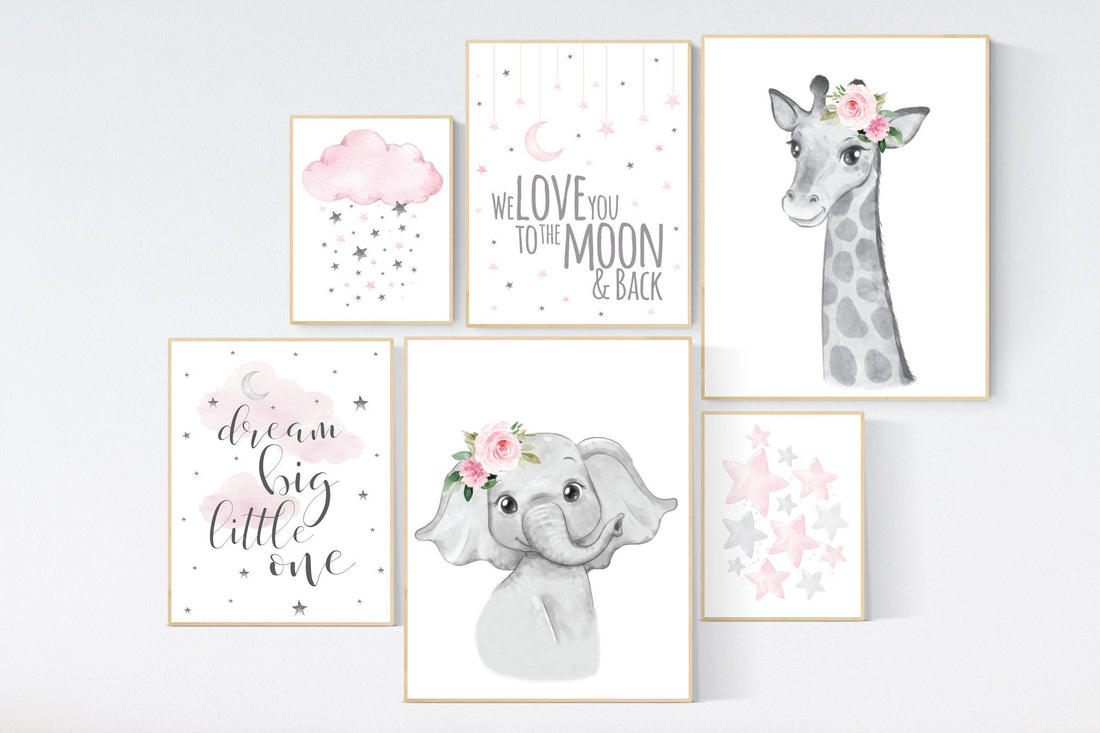 Nursery wall art girl animals, pink grey, elephant, giraffe, animal prints, nursery decor girl pink, moon and stars, girl nursery decor