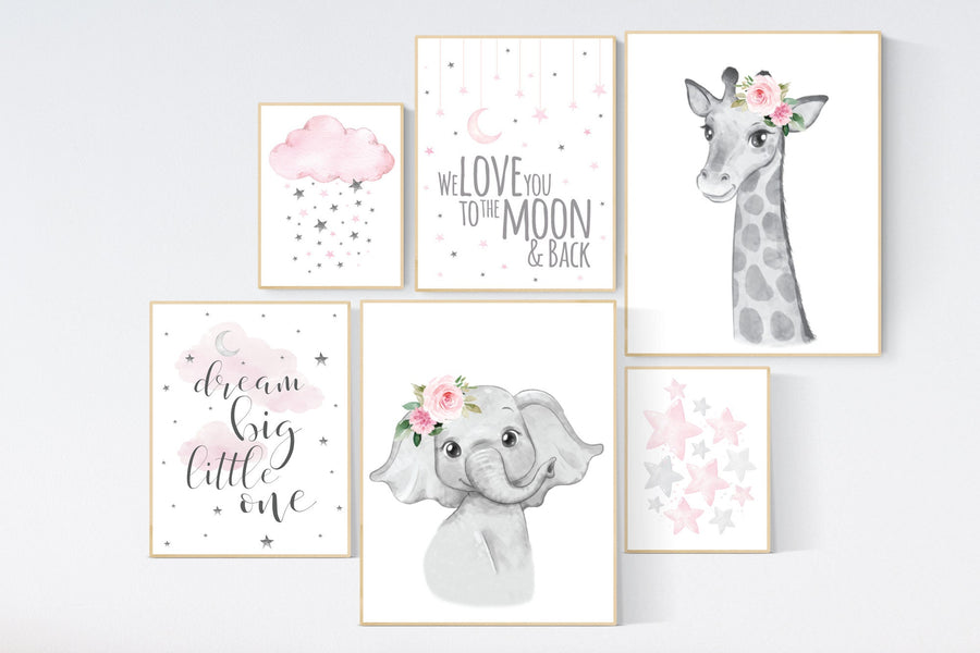 Nursery wall art girl animals, pink grey, elephant, giraffe, animal prints, nursery decor girl pink, moon and stars, girl nursery decor