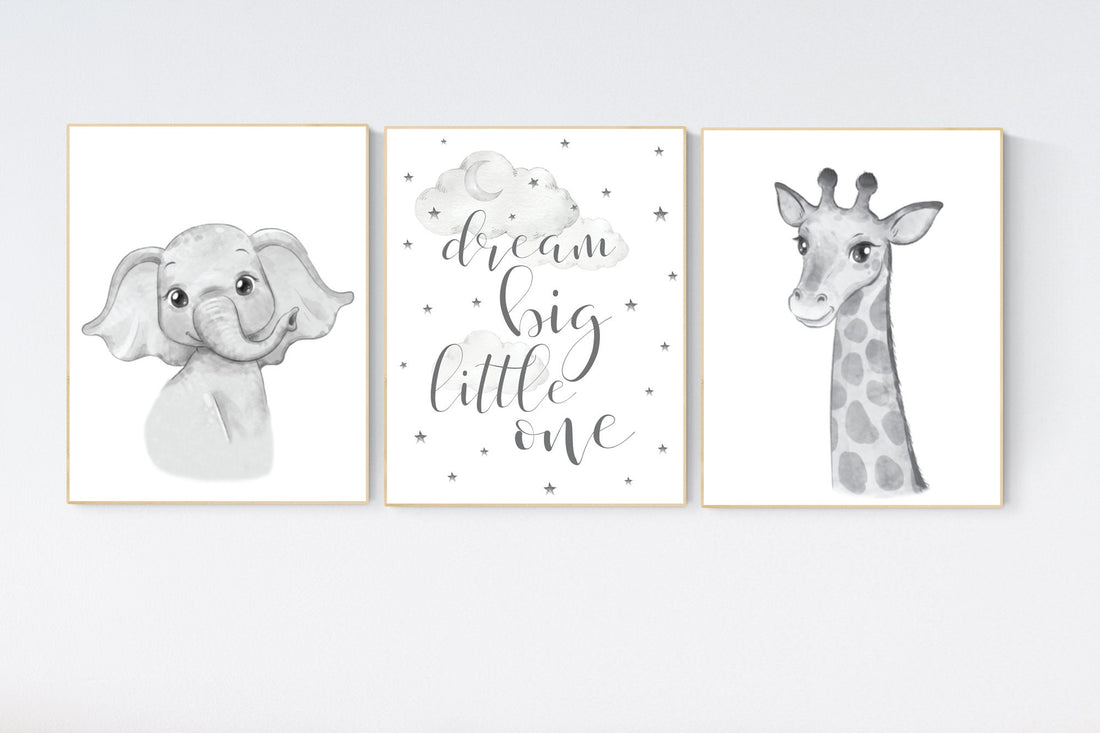 Animal nursery, Elephant and giraffe nursery, Grey nursery wall art,  gender neutral, grey nursery art, dream big little one, gray