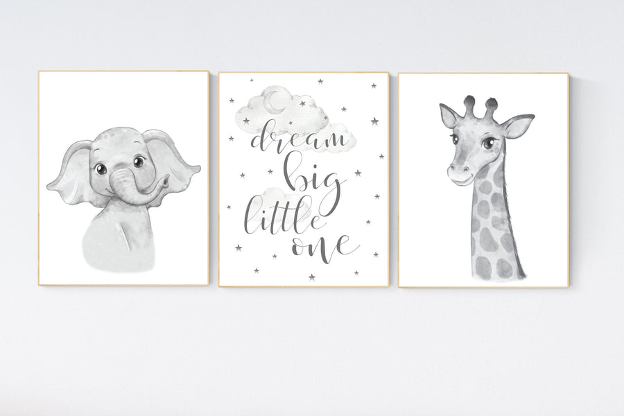 Animal nursery, Elephant and giraffe nursery, Grey nursery wall art,  gender neutral, grey nursery art, dream big little one, gray