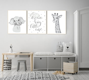Animal nursery, Elephant and giraffe nursery, Grey nursery wall art,  gender neutral, grey nursery art, dream big little one, gray