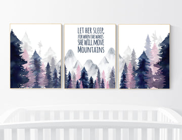Nursery decor woodland, mountain wall art, tree nursery decor, adventure theme nursery, forest, navy and pink, woodland animals, navy pink