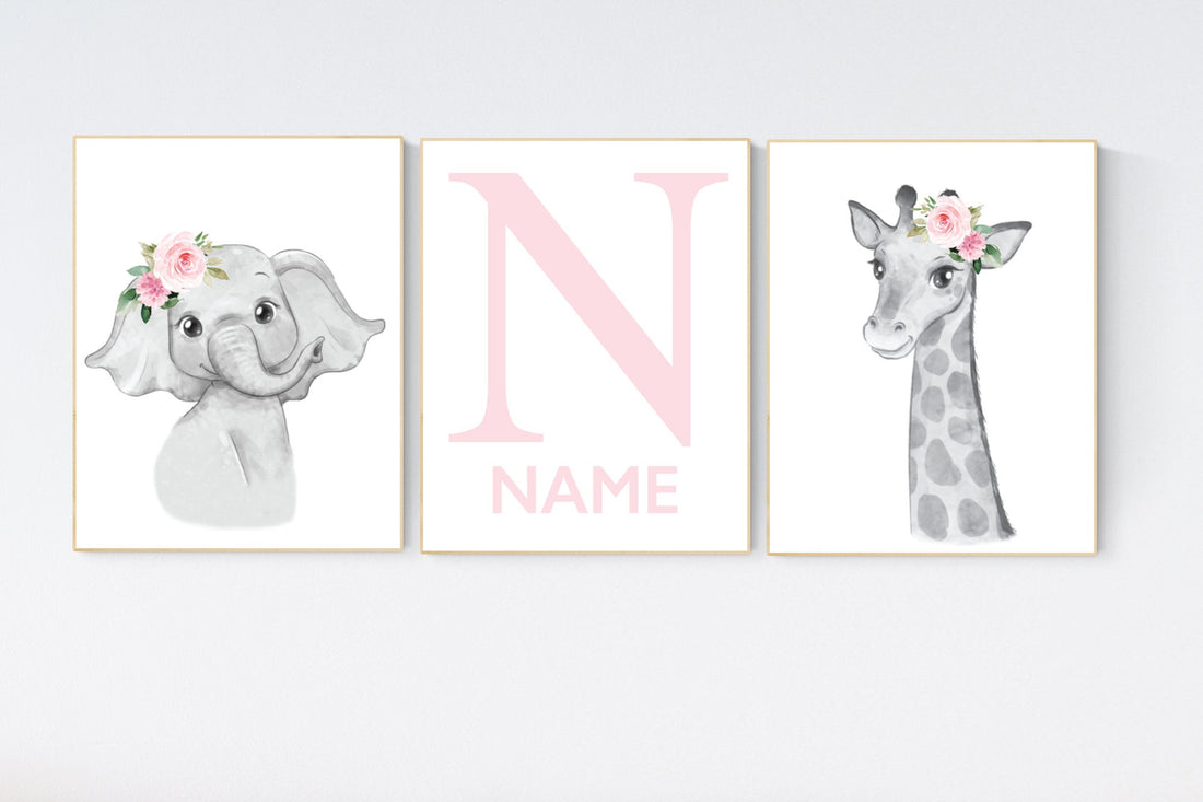 Safari Floral Animals, Nursery Prints, Nursery Decor, Girls Nursery Decor, Safari Nursery, jungle animals, Woodland Prints, set of 3