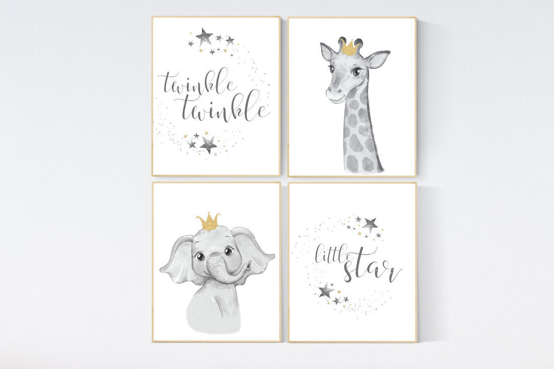 Twinkle twinkle little star, safari animals, Nursery decor neutral, grey gold nursery, gender neutral, gray gold, elephant nursery
