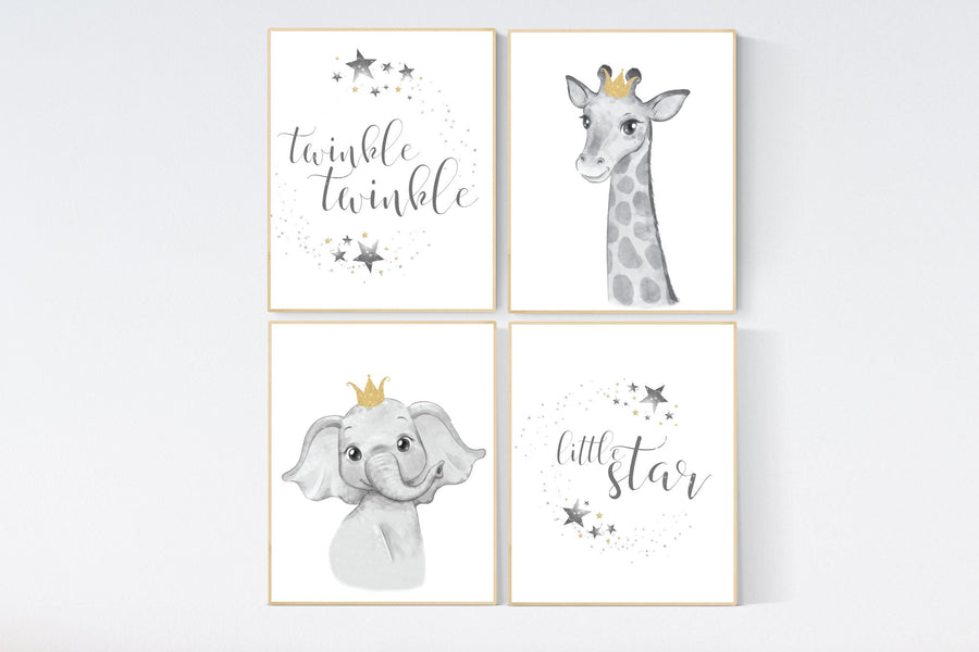 Twinkle twinkle little star, safari animals, Nursery decor neutral, grey gold nursery, gender neutral, gray gold, elephant nursery
