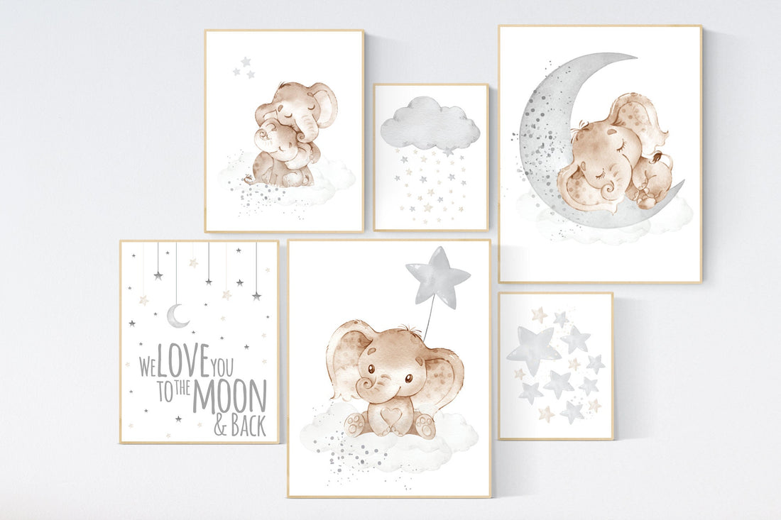 Nursery wall art animals, grey nursery, gender neutral nursery, neutral nursery, baby room decor, elephant nursery, animal prints, neutral