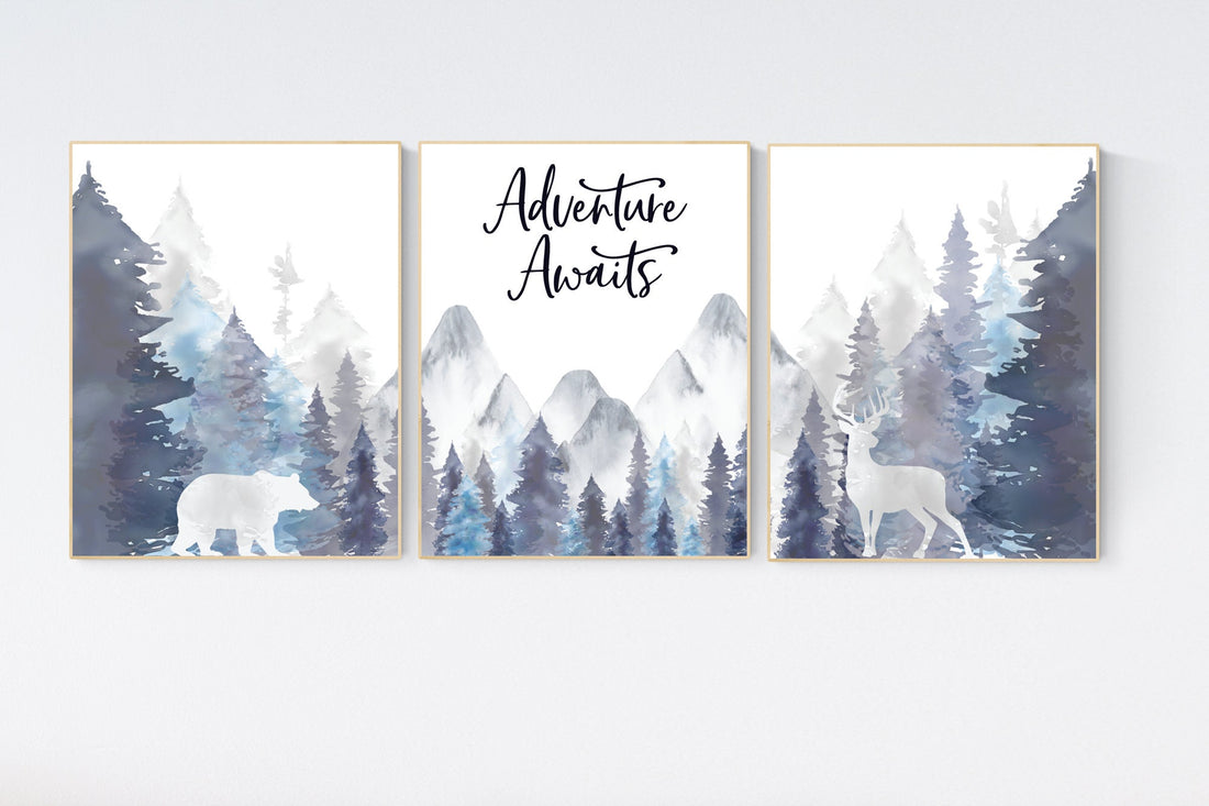 Nursery decor woodland, mountain wall art, tree nursery decor, adventure theme nursery, forest, navy and baby blue, woodland animals
