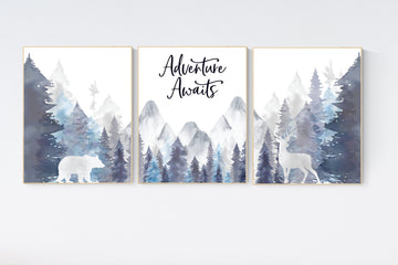 Nursery decor woodland, mountain wall art, tree nursery decor, adventure theme nursery, forest, navy and baby blue, woodland animals