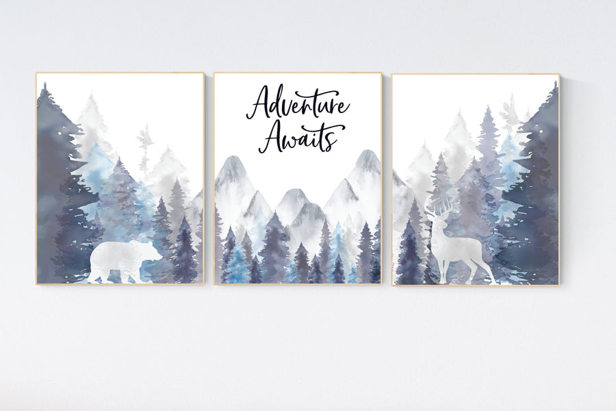 Nursery decor woodland, mountain wall art, tree nursery decor, adventure theme nursery, forest, navy and baby blue, woodland animals