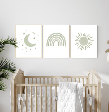 Nursery prints rainbow, gender neutral, sage green nursery wall decor, rainbow, moon, nursery wall art, nursery decor neutral, green nursery