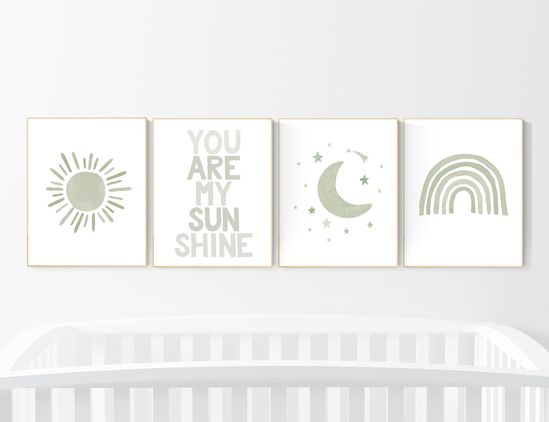 Nursery prints rainbow, gender neutral, sage green nursery wall decor, rainbow, moon, cloud, nursery wall art, nursery decor neutral, green