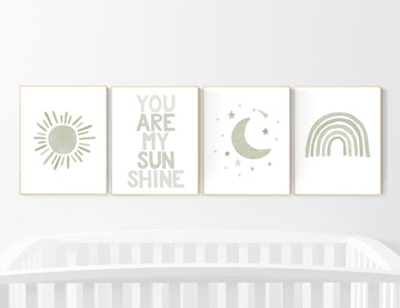 Nursery prints rainbow, gender neutral, sage green nursery wall decor, rainbow, moon, cloud, nursery wall art, nursery decor neutral, green