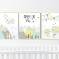 Adventure nursery decor, nursery decor airplane, world map nursery, adventure awaits, yellow mint nursery, travel theme, gender neutral