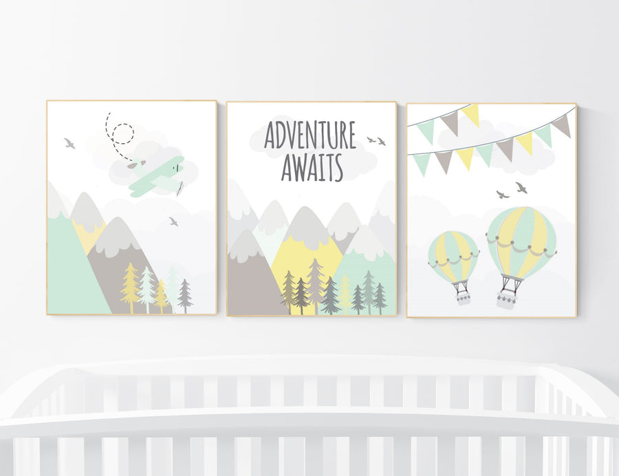 Adventure nursery decor, nursery decor airplane, world map nursery, adventure awaits, yellow mint nursery, travel theme, gender neutral