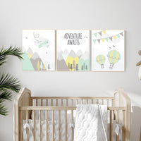 Adventure nursery decor, nursery decor airplane, world map nursery, adventure awaits, yellow mint nursery, travel theme, gender neutral