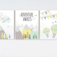 Adventure nursery decor, nursery decor airplane, world map nursery, adventure awaits, yellow mint nursery, travel theme, gender neutral