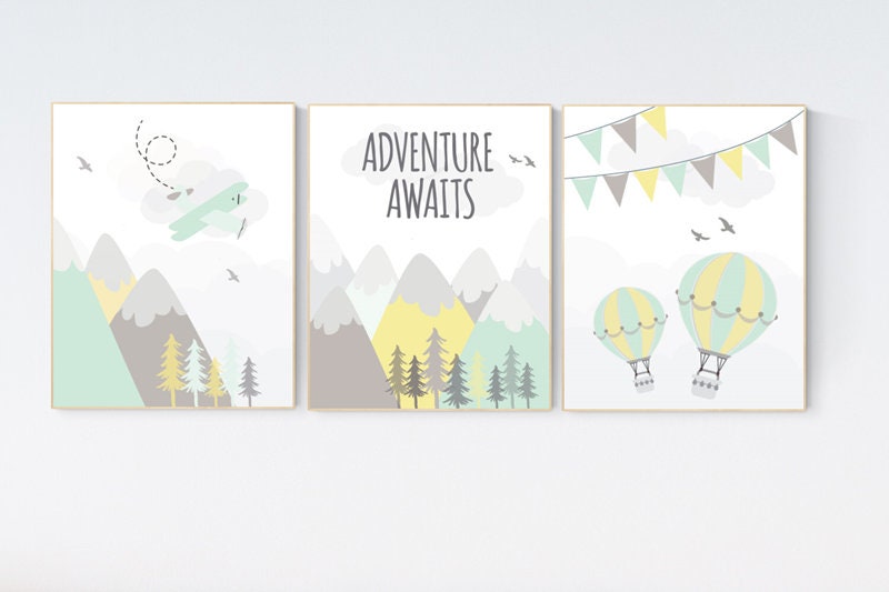 Adventure nursery decor, nursery decor airplane, world map nursery, adventure awaits, yellow mint nursery, travel theme, gender neutral