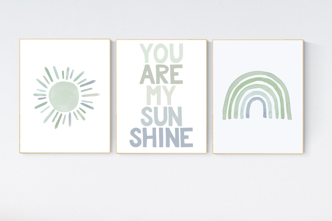 Nursery prints rainbow, gender neutral, sage green nursery wall decor, rainbow, sun, your are my sunshine, nursery decor neutral, green